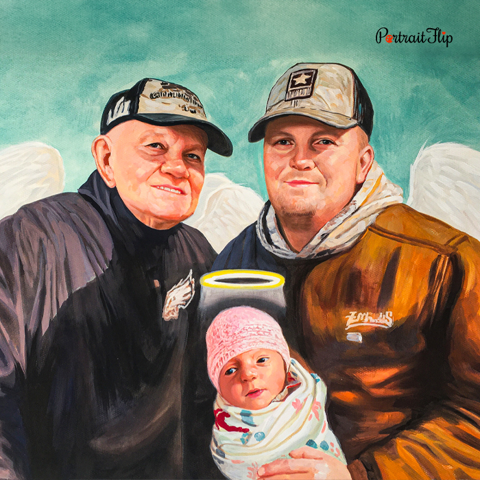 Memorial watercolor painting of family with angel wings and halo